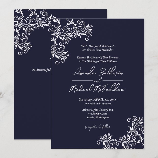 Invitación Boda Navy & White Elegant Style (Anverso / Reverso)