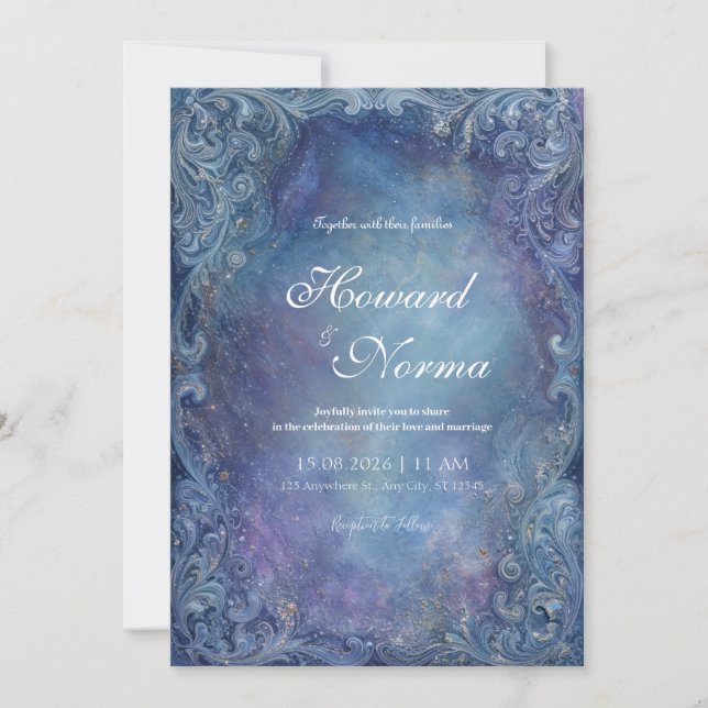 Invitación Boda Nebulosa Azul Celeste de Plata Barroca (Anverso)