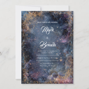 Invitación Boda Nebulosa Celestial Brillo Dorado Azul Rosa