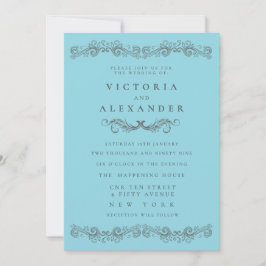 Invitación Boda Negra Algo Azul Florescer En Cualquier Moment