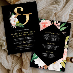 Invitación Boda Negra Ampersand Floral Dorada Magnolia