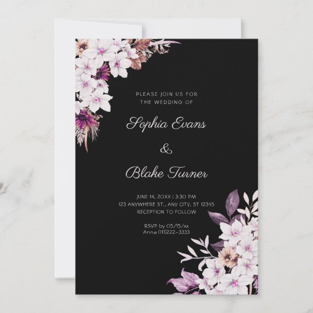 Invitación Boda Negra Boho de Flores Blancas y Rosas Rústicas (Anverso)