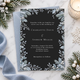 Invitación Boda Negra Botánica de Invierno Azul Hielo