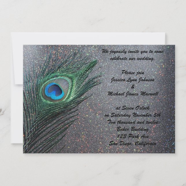 Invitación Boda negra brillante del pavo real (Anverso)