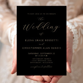 Invitación Boda Negra con Letra Dorada Moderna