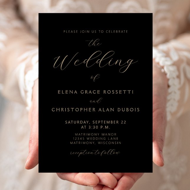 Invitación Boda Negra con Letra Dorada Moderna (Subido por el creador)