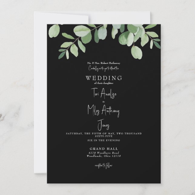 Invitación Boda Negra con Verde Simplemente Eucalipto (Anverso)