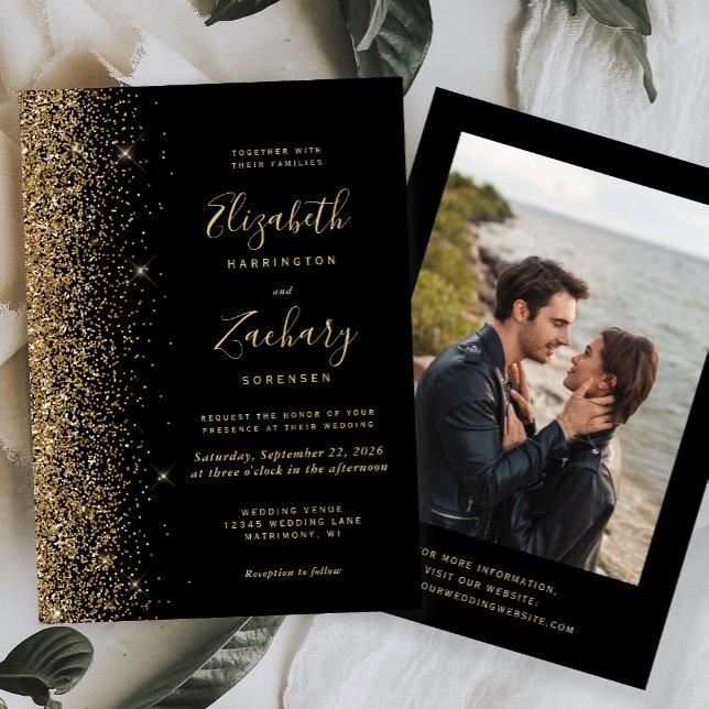 Invitación Boda Negra de Glitter Dorado Moderno (Subido por el creador)