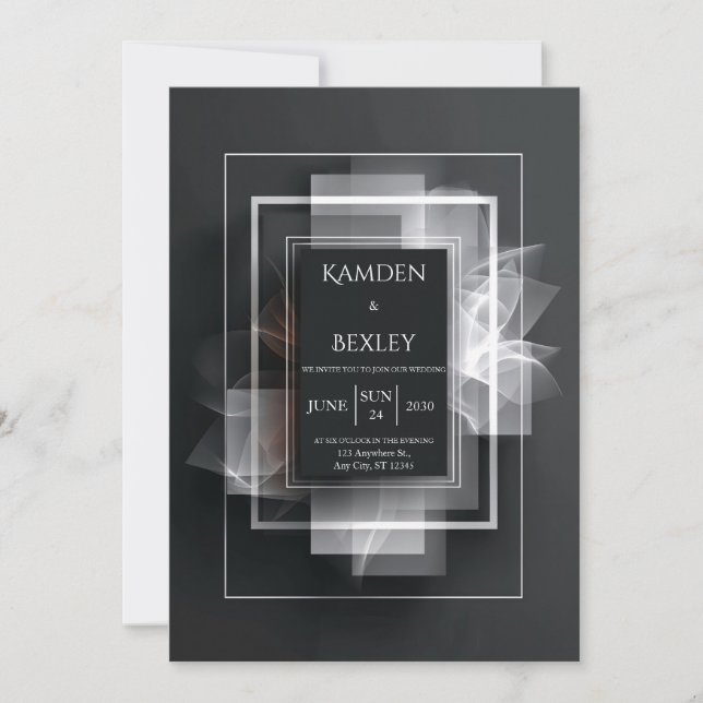 Invitación Boda Negra de Superposición Geométrica Abstracta (Anverso)