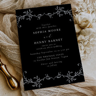 Invitación Boda negra elegante arte de línea botánica blanca