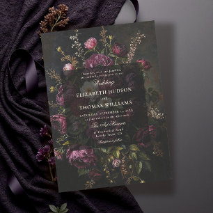 Invitación Boda Negra Floral Borgoña Oscura Romántica y Malhu