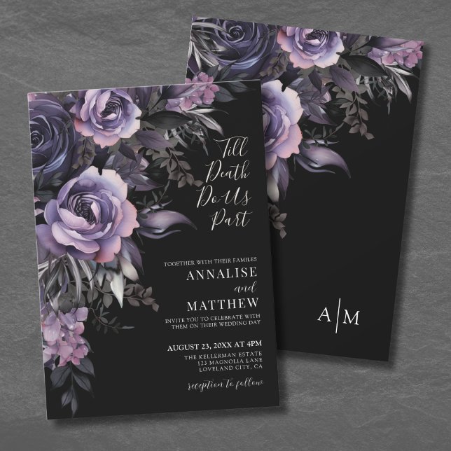 Invitación Boda Negra Floral Gótica Moderna (Modern Gothic Floral Black Wedding Invitation)