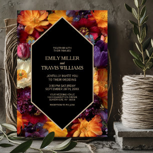 Invitación Boda Negra Floral Morada y Naranja con Estilo