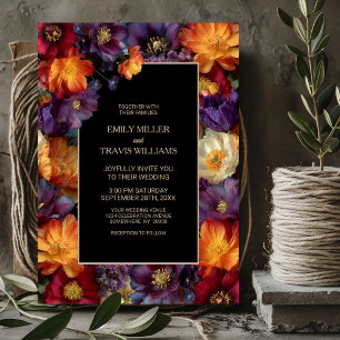 Invitación Boda Negra Floral Morado y Naranja Vibrante