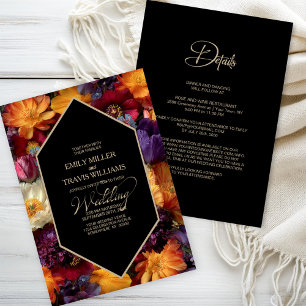 Invitación Boda Negra Floral Naranja y Púrpura Todo en Uno