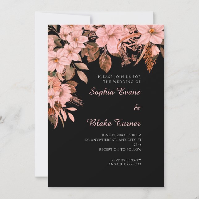 Invitación Boda Negra Floral Otoño Rosa Boho (Anverso)