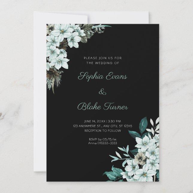 Invitación Boda Negra Flores Verdes Rústicas Boho (Anverso)