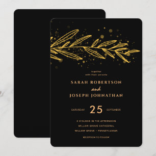 Invitación Boda Negra Foliar Botánica de Oro de Lujo