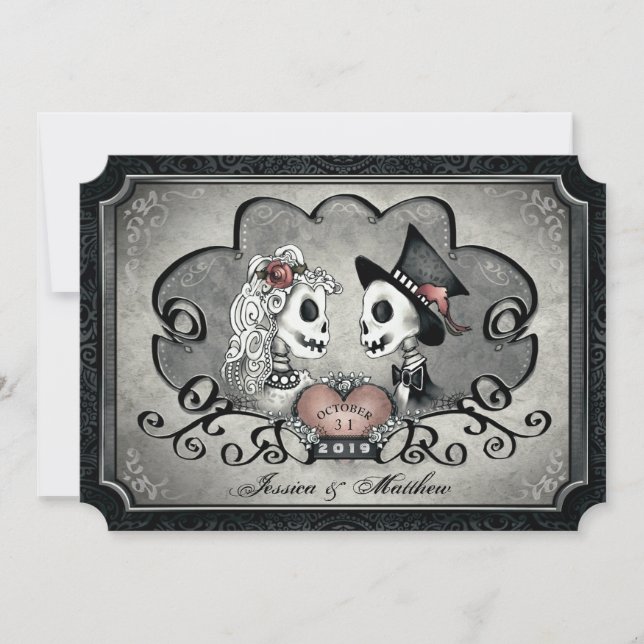 Invitación Boda negra gris del corazón de los esqueletos "así (Anverso)