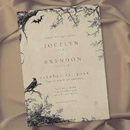 Invitación Boda Negra Marrón Grabado de Murciélago Cuervo Gót