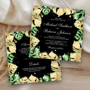 Invitación Boda Negra Monstera Palma de Oro Verde Todo en Uno