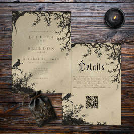 Invitación Boda Negra Tán Engraving de árbol de cuervo gótico