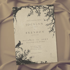 Invitación Boda Negra Tán Engraving del Árbol Cuervo Gótico