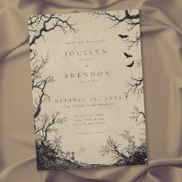 Invitación Boda Negra Tántrica con Grabado de Murciélago Góti