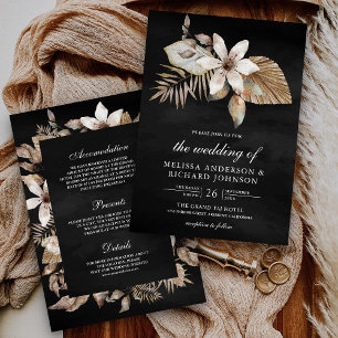 Invitación Boda Negra Todo en Uno Floral de Palma Seca Boho