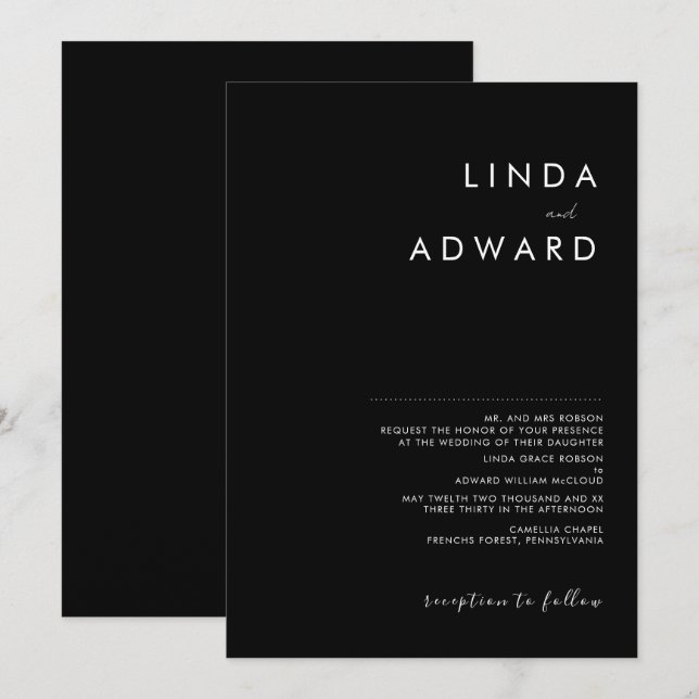 Invitación Boda Negra Tradicional Minimalista Moderna (Anverso / Reverso)