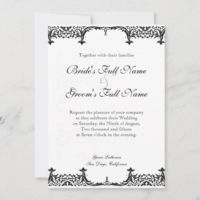 Invitación Boda negra y blanca de Lis Damask (Anverso)