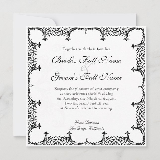 Invitación Boda negra y blanca de Lis Damask (Anverso)