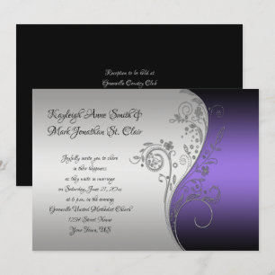 Invitación Boda negra y de plata púrpura de la caligrafía