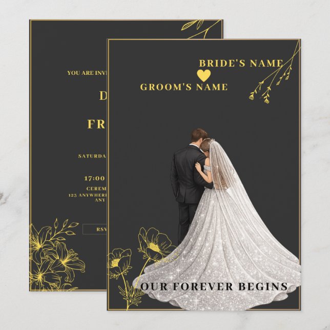 Invitación boda negra y dorada (Anverso / Reverso)