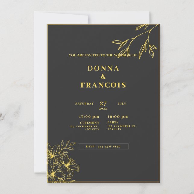 Invitación boda negra y dorada (Reverso)
