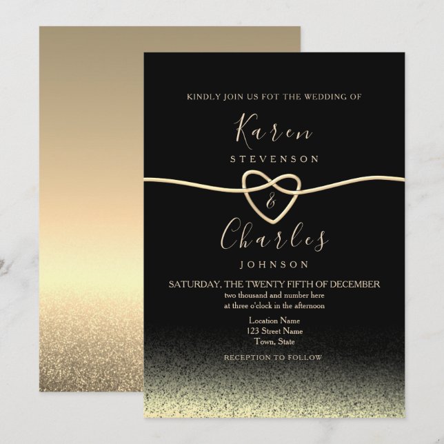 Invitación Boda Negra y Dorada Moderna (Anverso / Reverso)
