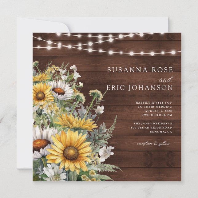 Invitación Boda negrita Country Sunflower Wood String Lights (Anverso)