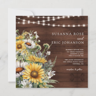 Invitación Boda negrita Country Sunflower Wood String Lights