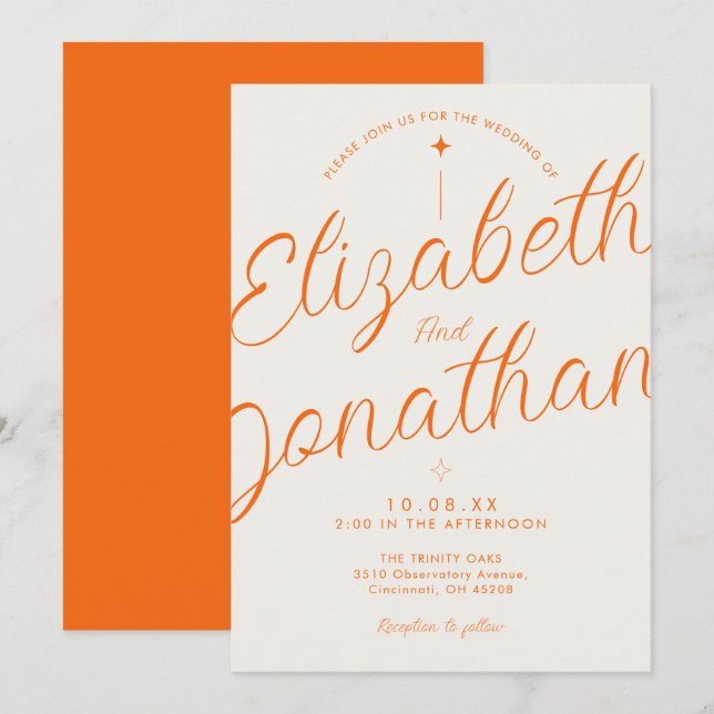 Invitación Boda Negrita de Letra Moderna Retro Naranja (Anverso / Reverso)