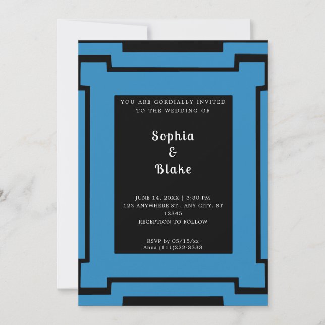 Invitación Boda negrita en negro y azul Art Deco (Anverso)