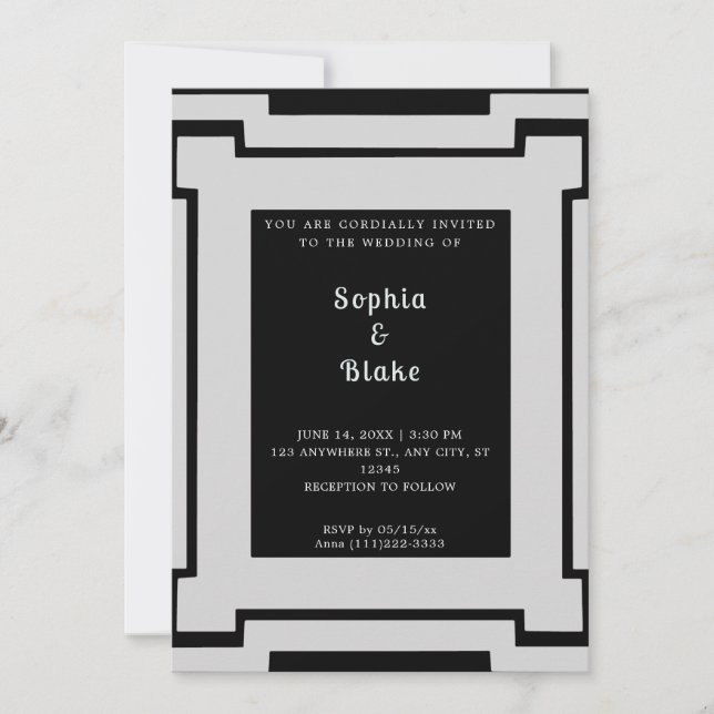 Invitación Boda negrita en negro y plateado Art Deco (Anverso)