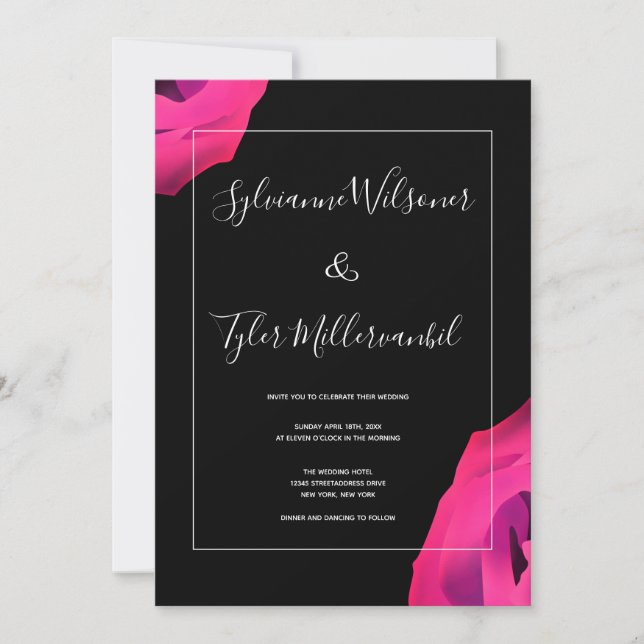 Invitación Boda negrita negro rosado caliente (Anverso)