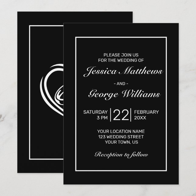 Invitación Boda negro blanco Minimalista moderno (Anverso / Reverso)