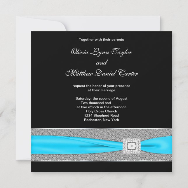 Invitación Boda Negro Blanco Turquesa Azul Turquesa Negro (Anverso)