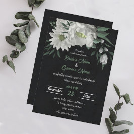 Invitación boda negro botánico de flores blancas románticas