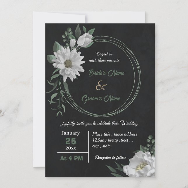 Invitación boda negro botánico de flores blancas románticas (Anverso)