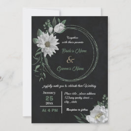Invitación boda negro botánico de flores blancas románticas