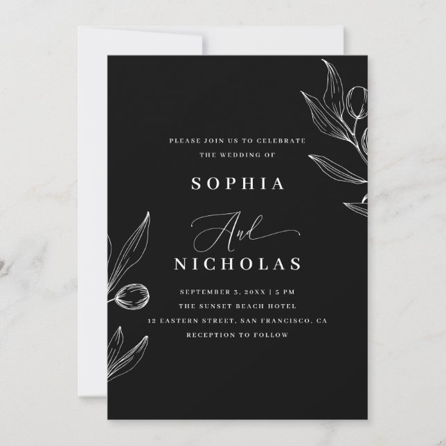 Invitación Boda negro botánico de oliva - Código de foto y QR (Anverso)