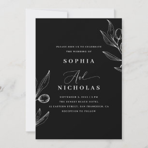 Invitación Boda negro botánico de oliva - Código de foto y QR