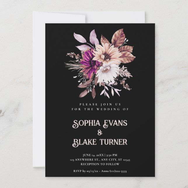 Invitación Boda negro botánico floral rústico otoñal (Anverso)